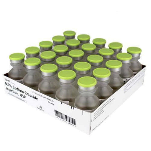 Bacteriostatic Sodium Chloride 0.9% Injection tray of 25 vials on a pharmacy shelf, key for sterile dilution and patient safety.