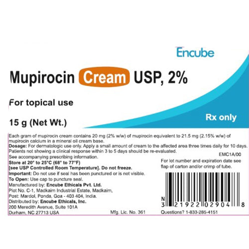 Mupirocin Calcium Cream 2% By Encube 15 Gram (RX) — Mountainside ...