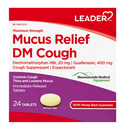 (Comparable to Mucinex DM) Leader Mucus Relief DM Cough Maximum Strength Tablets 24 Count 