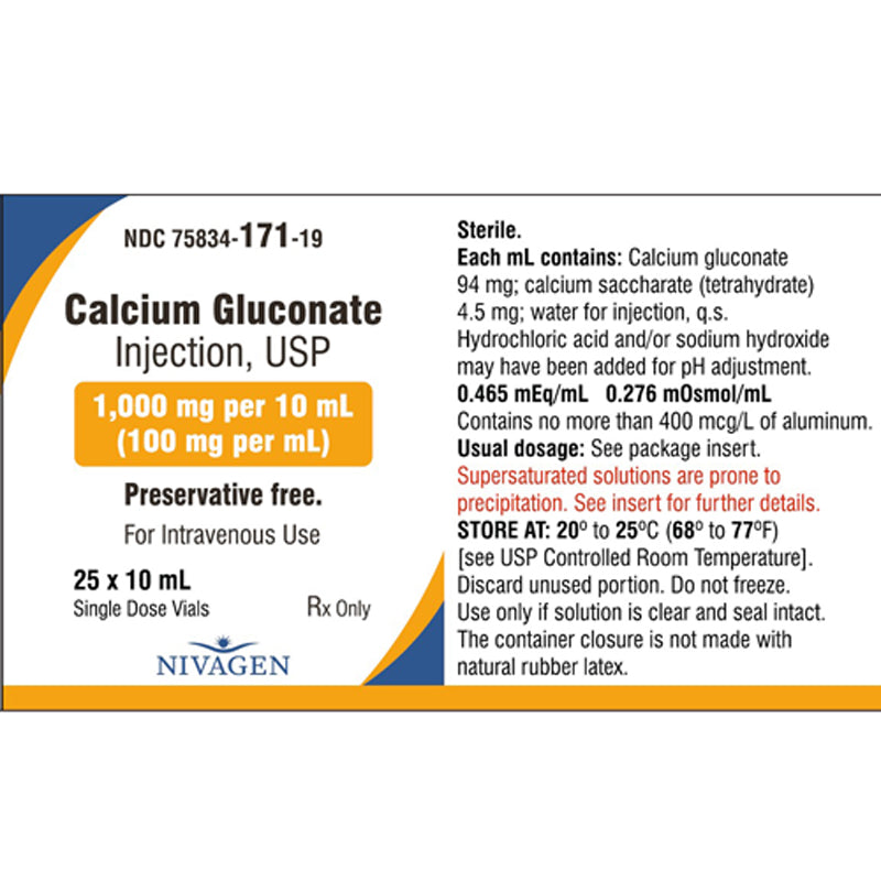 Calcium Gluconate For Injection 1000mg Per 10 Ml Vial Mountainside   Nivagen Calcium Gluconate For Injection 1000mg Per 10 Ml Vial Single Dose Vials 1200x1200 