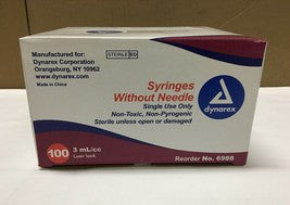 Luer Lock Syringes 3 mL without Needle, 100/Box